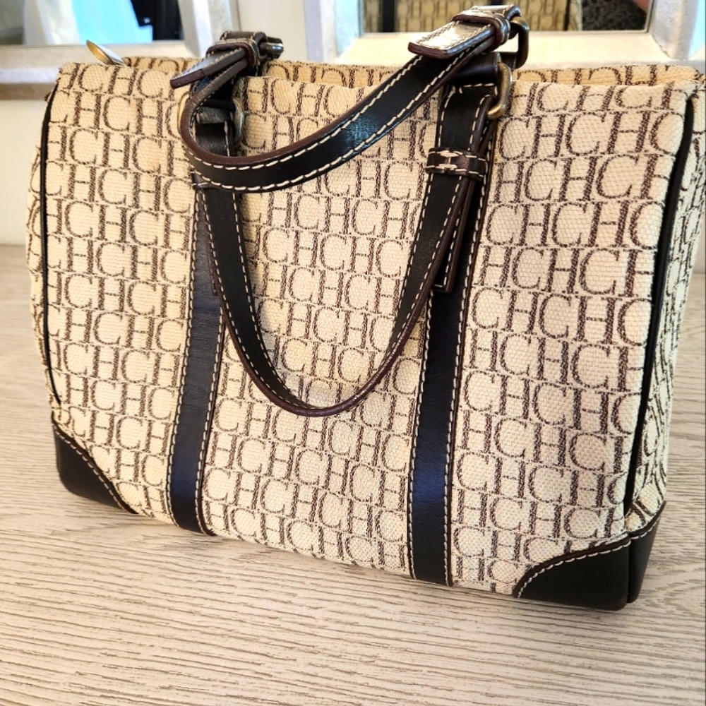 Carolina Herrera Beige/Brown Monogram Canvas and Leather Andy Boston Bag